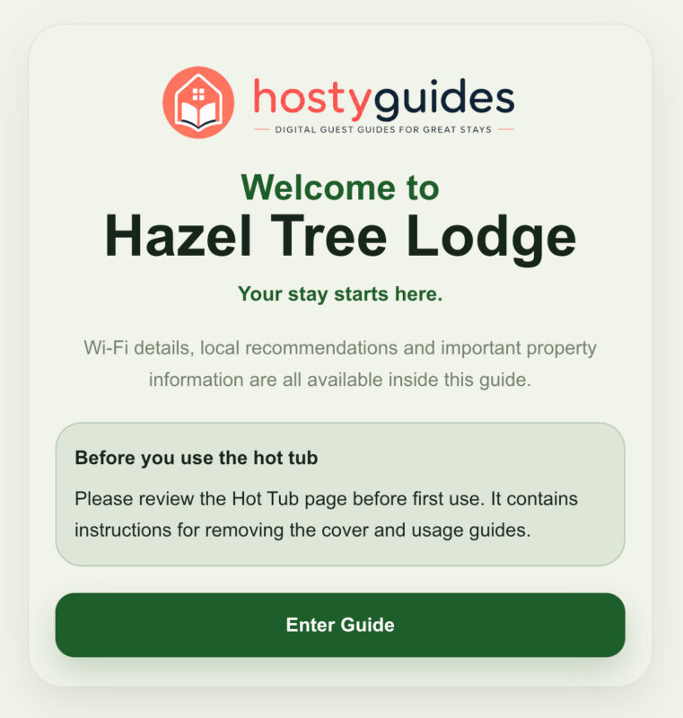 Welcome landing page for guest guidebook example