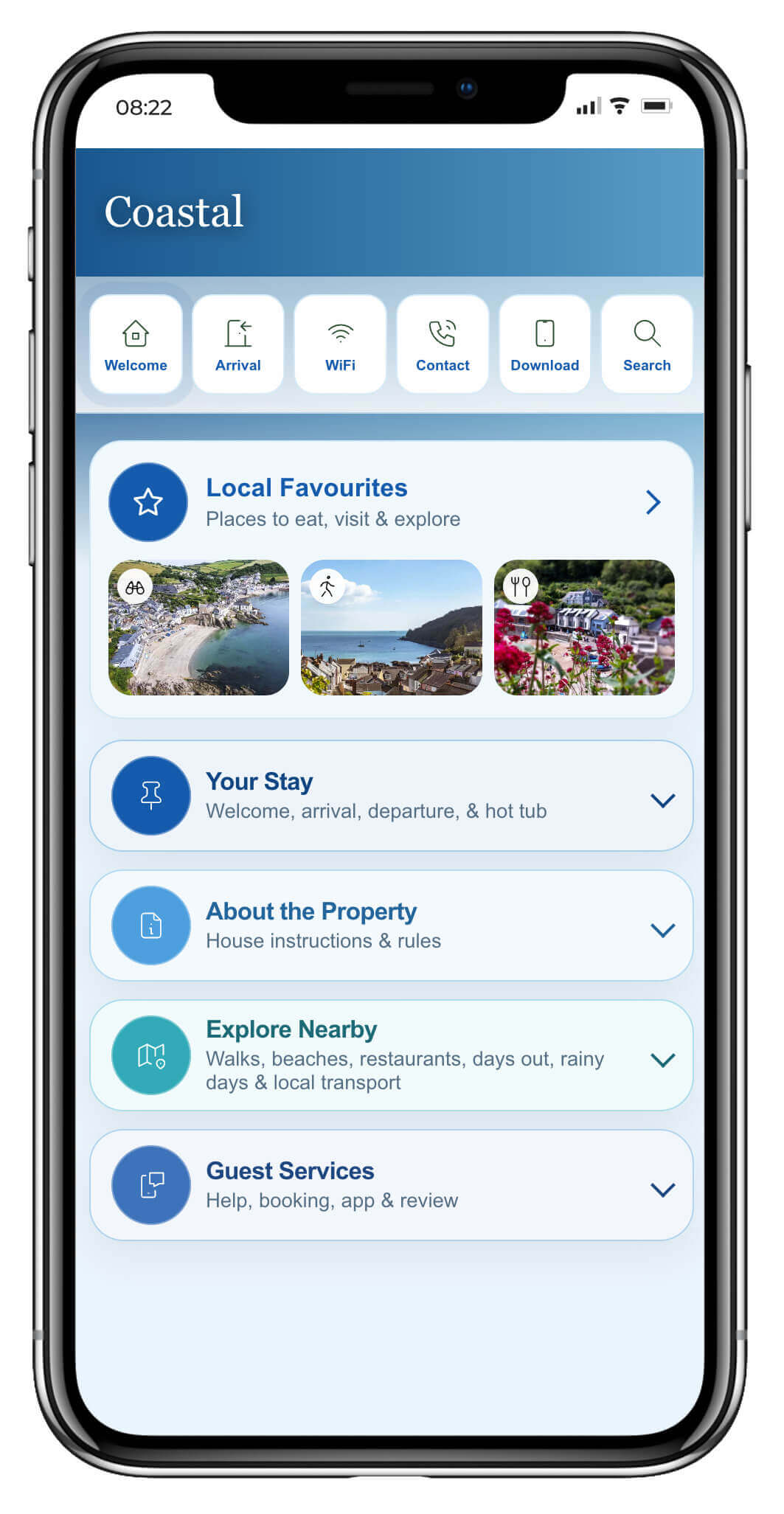 Interactive holiday rental guest guide with local recommendations, maps, walks, restaurants and attractions.