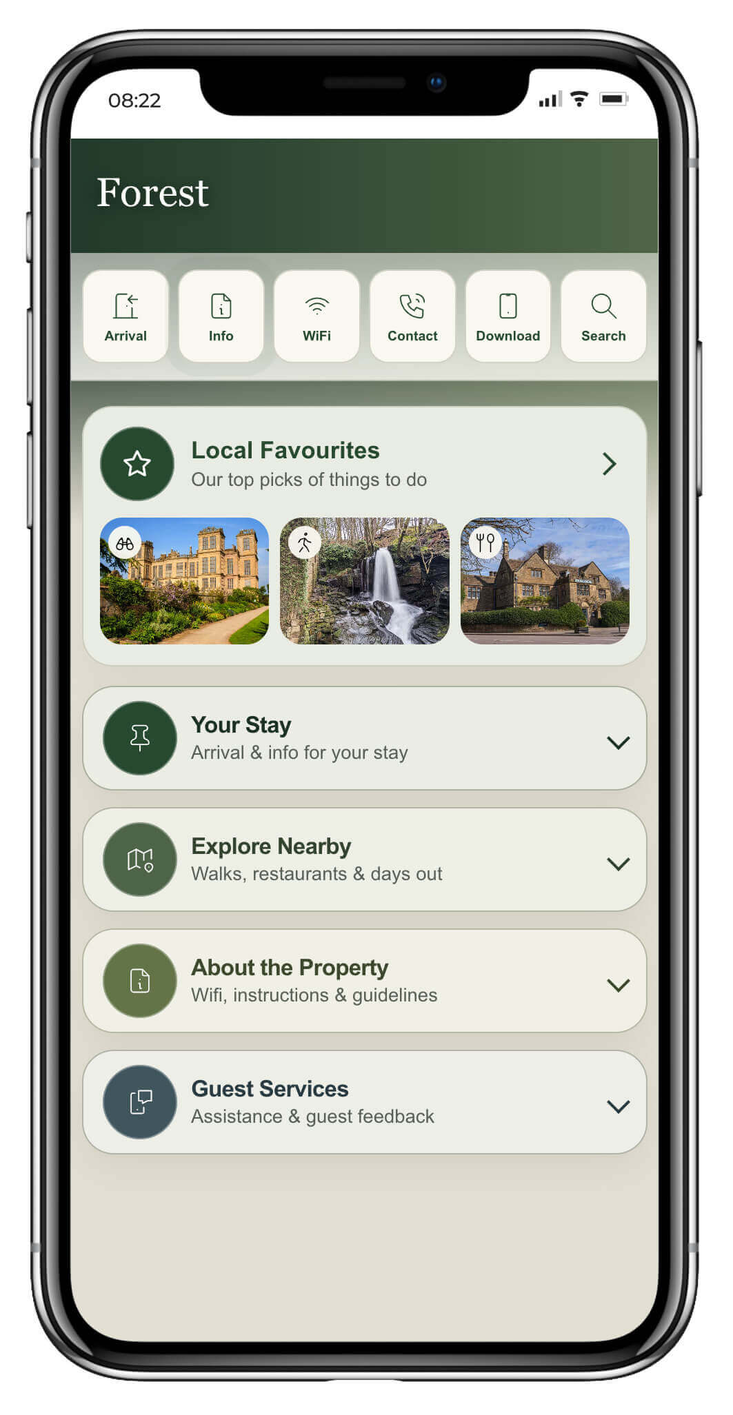 Digital holiday rental guest guide with guest services, contact details, feedback and guide download features.