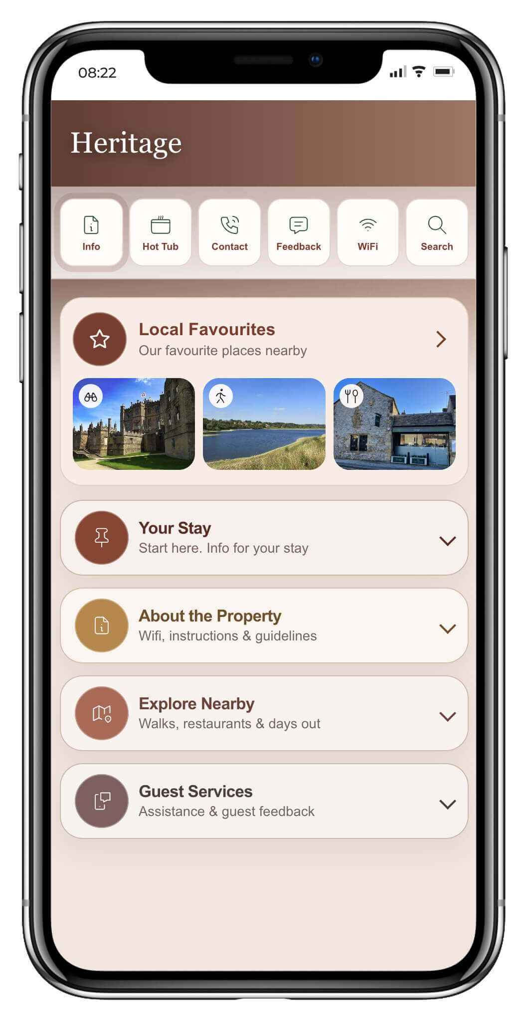 Digital guest guidebook showing property information, WiFi details, arrival instructions and house information.