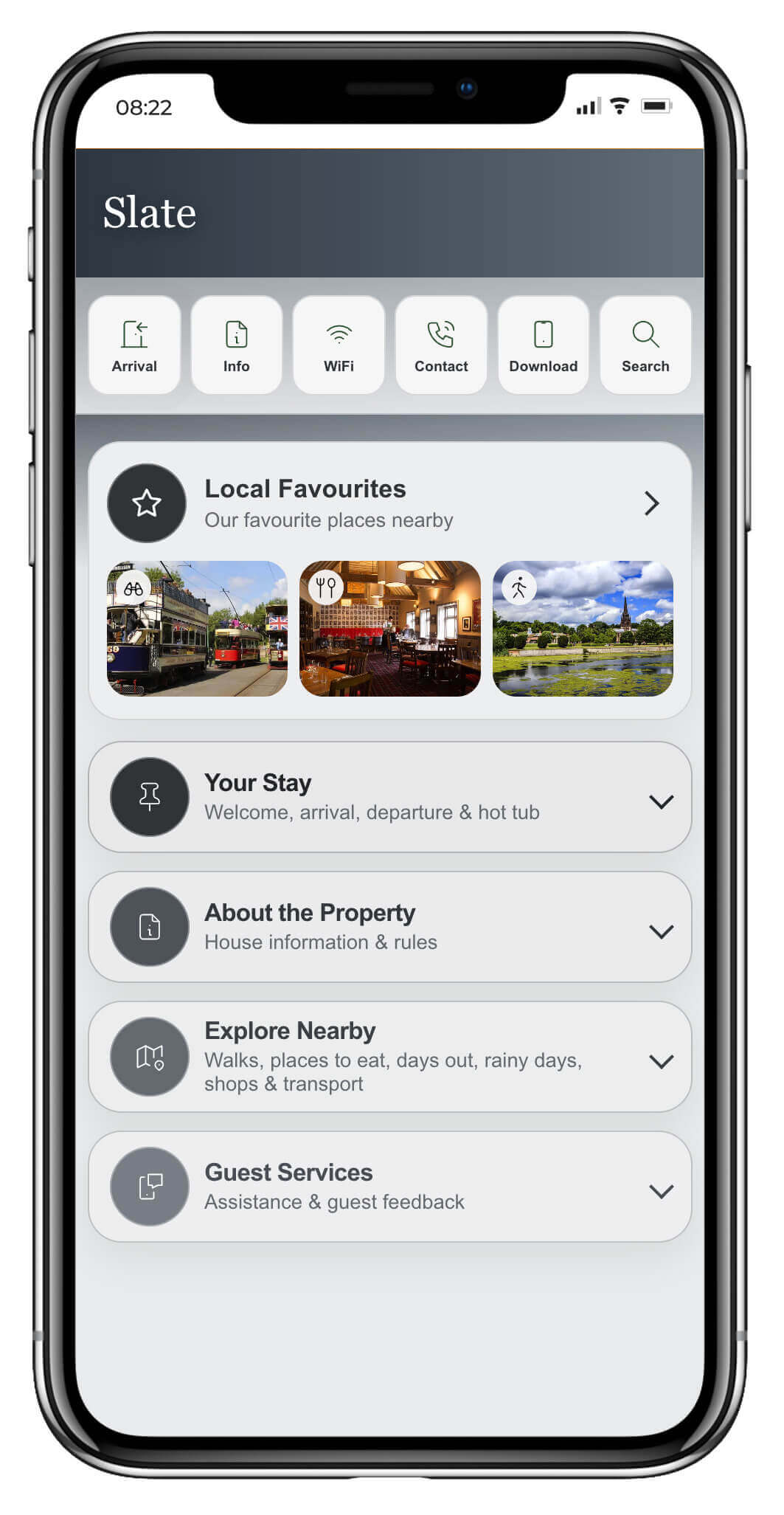Slate digital guest guidebook showing nearby attractions, walks, beaches and restaurants.